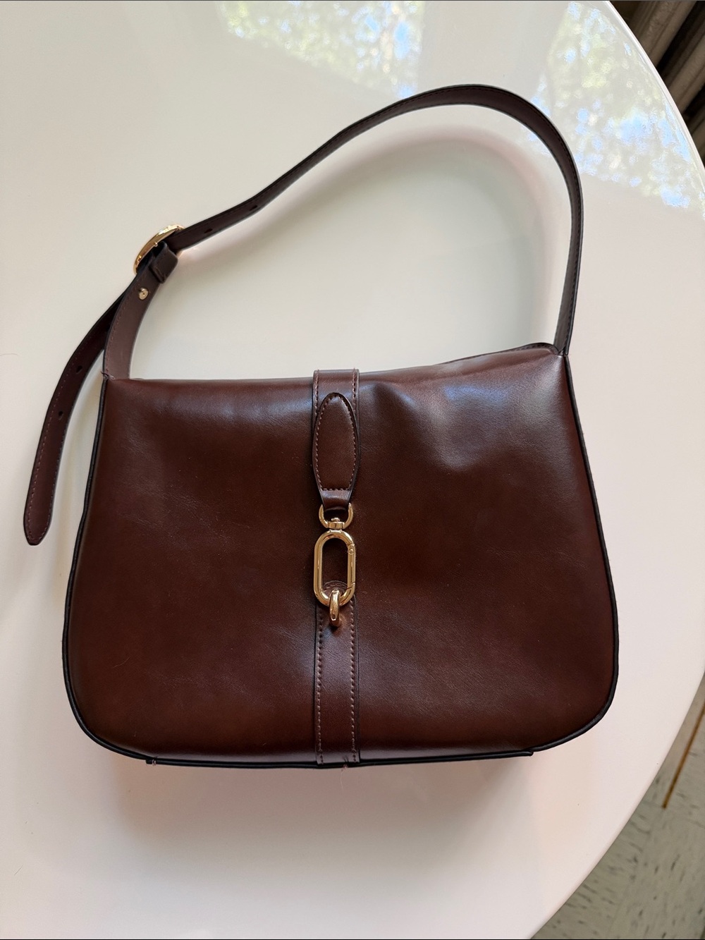 H&M Dark Brown Leather Shoulder Bag with Gold Accent